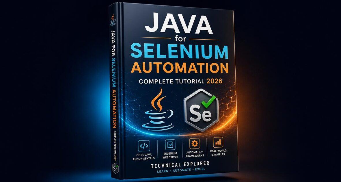 Java for Selenium Automation 2026 — 3D book cover with Java and Selenium logos on a dark navy gradient.