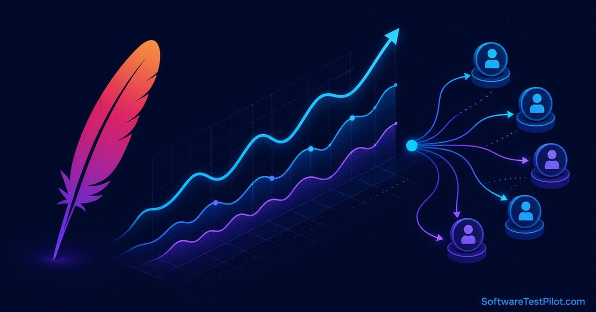 JMeter 5.6.3 beginner tutorial cover — Apache feather, performance graph, and thread/user flow on a dark editorial background.