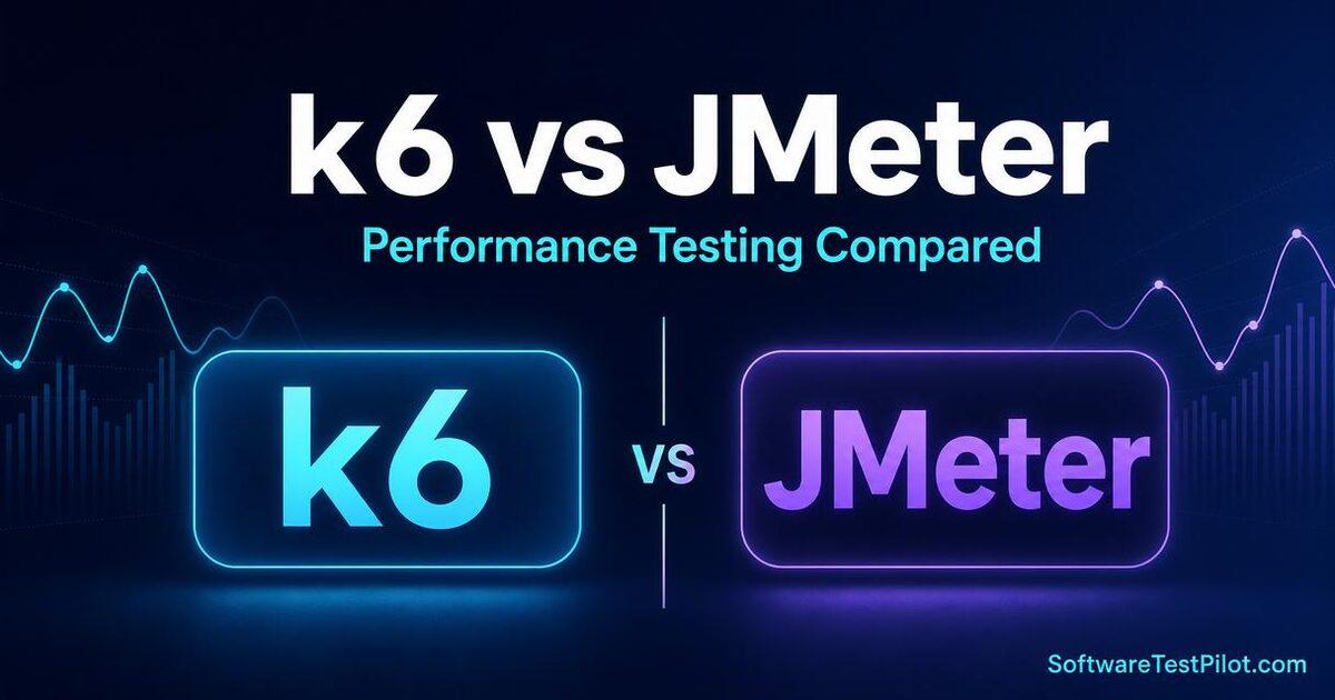k6 vs JMeter performance testing comparison cover — speed, scripting language, cloud integration, and protocol support side by side.