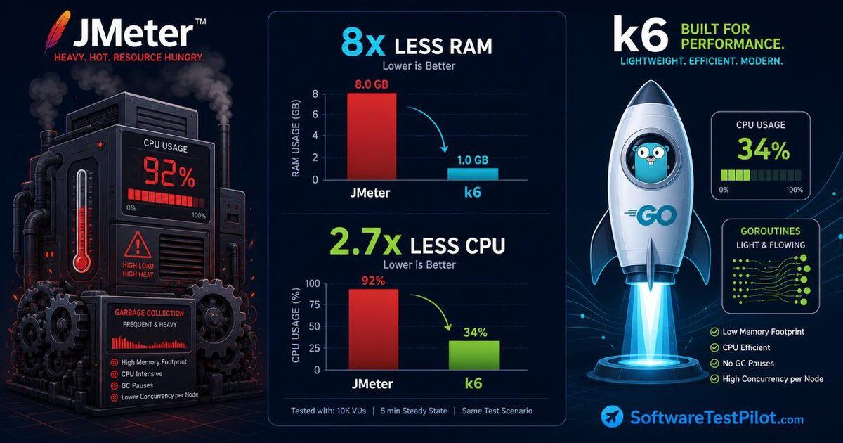 Editorial split-panel benchmark cover — heavy JMeter JVM tower with 92% CPU and heavy GC on the left, sleek k6 Go rocket with 34% CPU and lightweight goroutines on the right, and a bar chart showing 8x less RAM and 2.7x less CPU. SoftwareTestPilot.com wordmark in the corner.