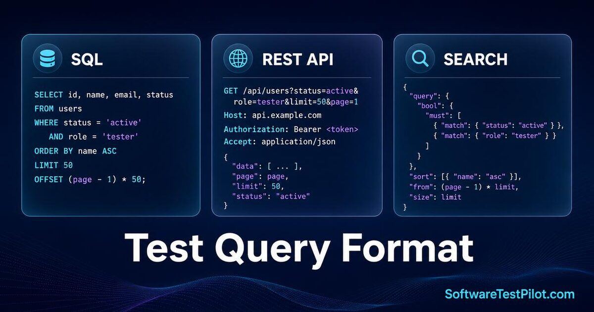 Editorial cover showing three glassmorphism code panels labeled SQL, REST API, and Search over the headline Test Query Format with the SoftwareTestPilot.com wordmark in the corner.