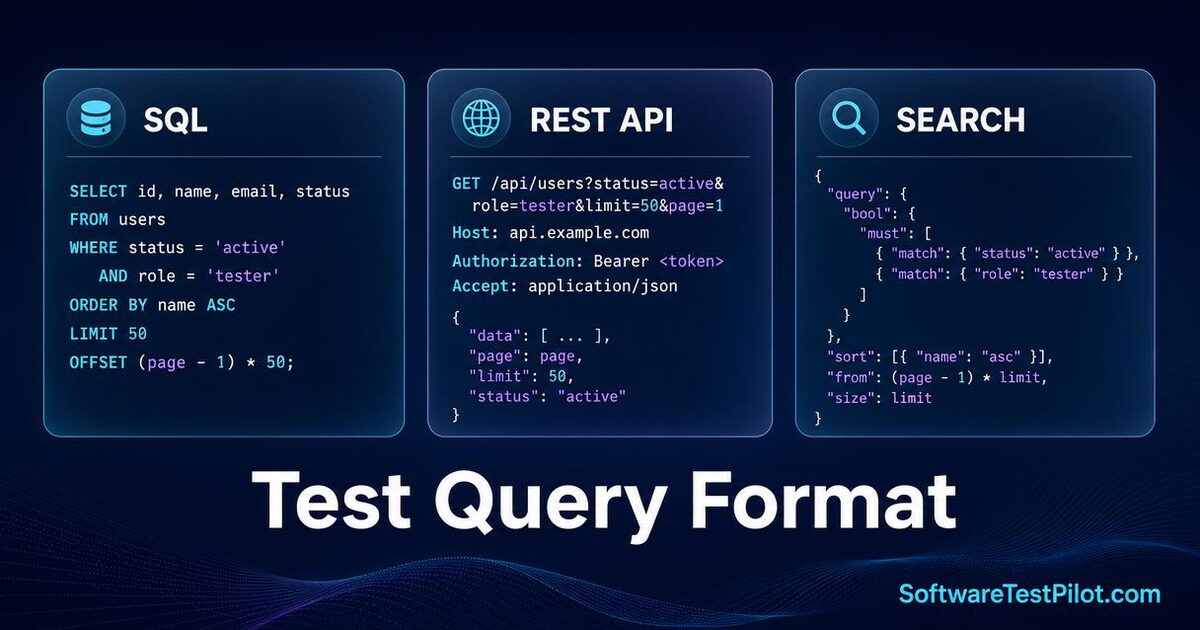 Editorial cover showing three glassmorphism code panels labeled SQL, REST API, and Search over the headline Test Query Format with the SoftwareTestPilot.com wordmark in the corner.