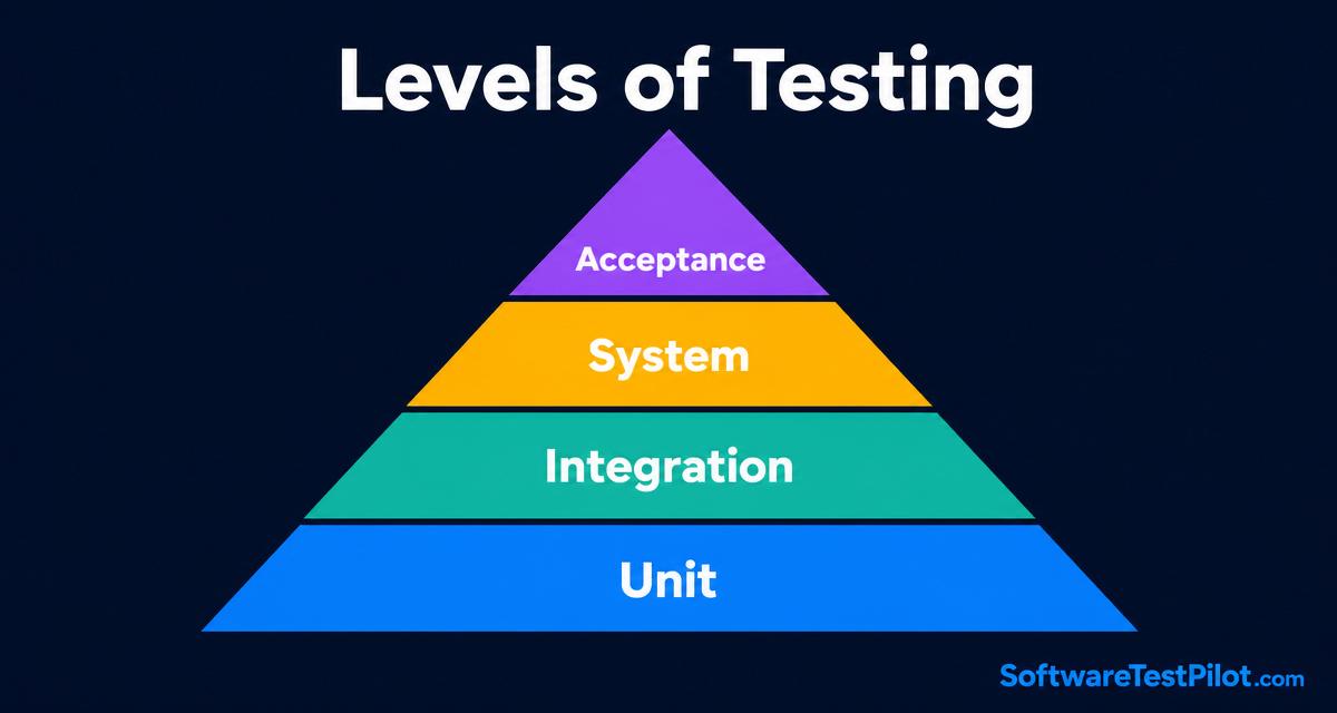 Editorial cover showing a stacked pyramid of four testing levels — Unit, Integration, System, Acceptance — titled Levels of Testing with the SoftwareTestPilot.com wordmark.