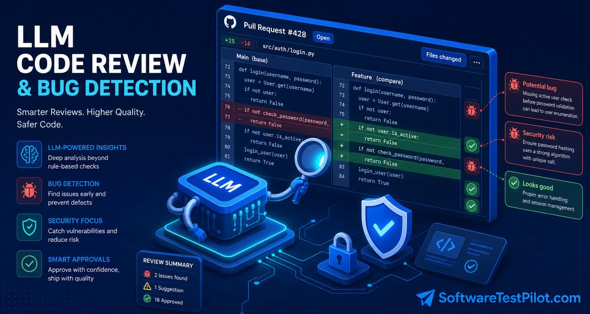 LLM code review and bug detection cover — pull request diff with LLM chip inspecting lines, red bug flags and green approvals, security shield, SoftwareTestPilot.com wordmark.