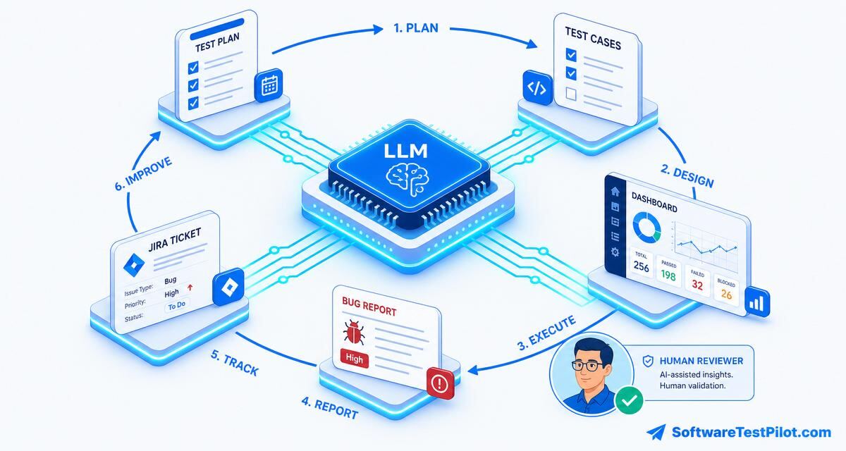 LLM for QA testing cover — LLM chip at center of the QA lifecycle (plan, design, execute, report, track, improve) with a human reviewer avatar, SoftwareTestPilot.com wordmark.