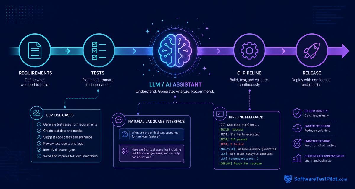 LLM-assisted CI pipeline triaging failing tests and summarizing release risk for QA engineers