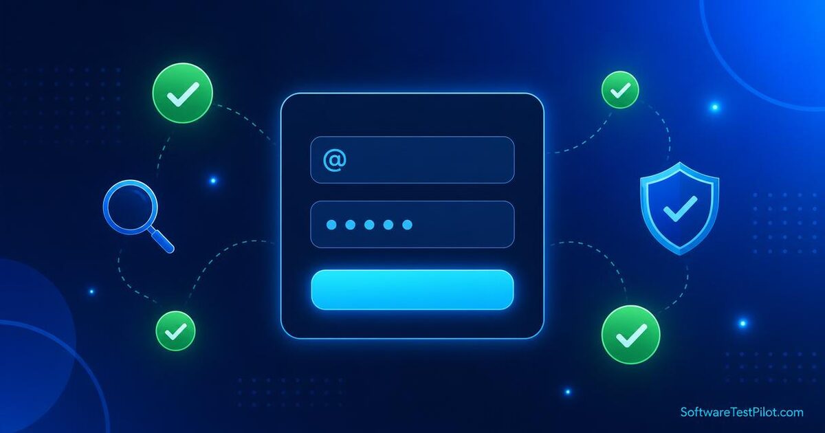 How to write test cases for a login page — flat editorial illustration of a login form with checkmarks, magnifying glass, and a security shield.