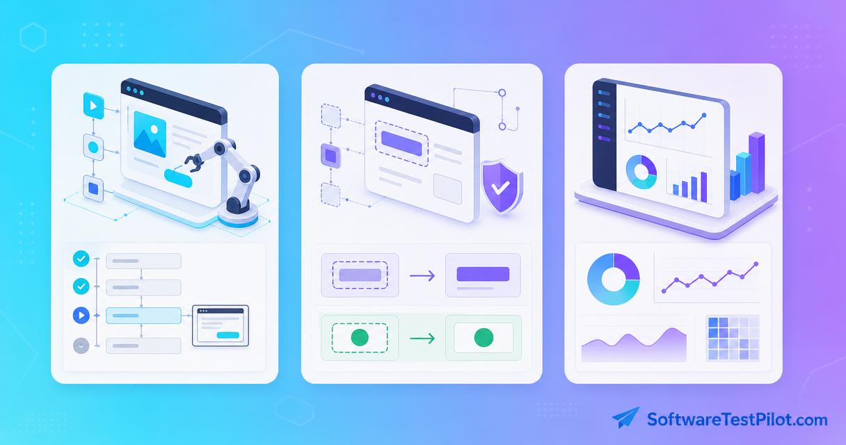 Side-by-side comparison of mabl, Testim, and Katalon AI test automation dashboards for QA teams