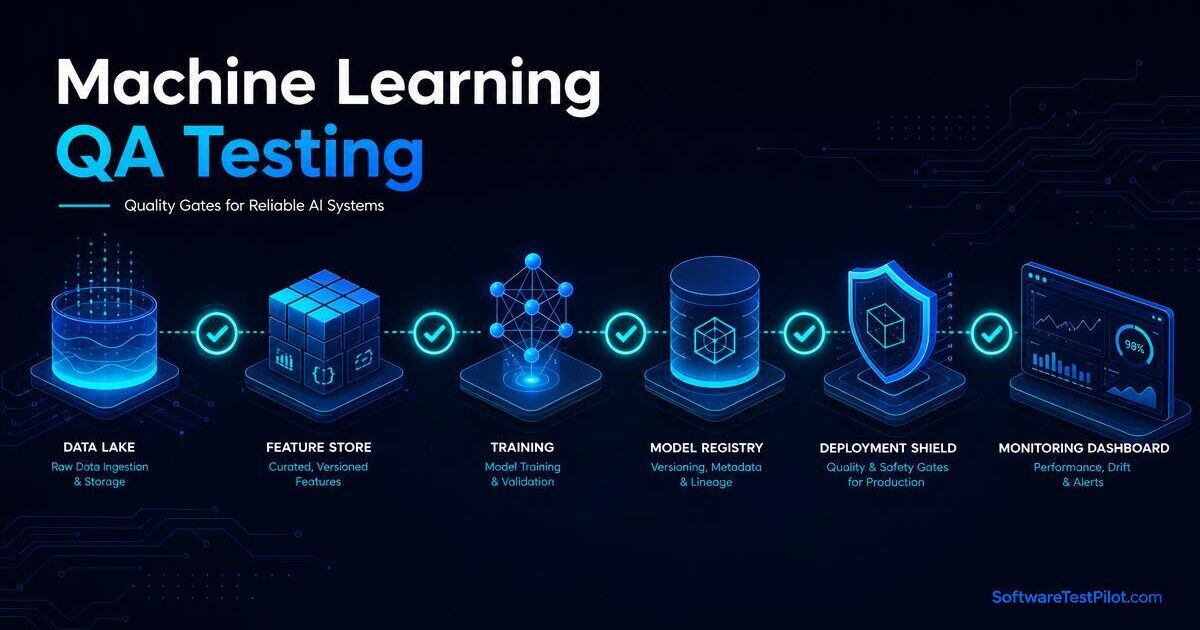 Machine learning QA testing pipeline showing data lake, feature store, training, model registry, deployment shield, and monitoring dashboard with quality gates between stages