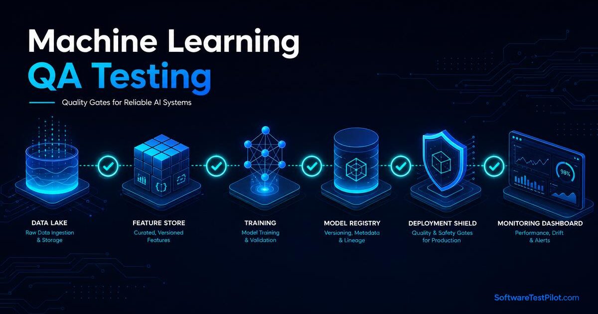 Machine learning QA testing pipeline showing data lake, feature store, training, model registry, deployment shield, and monitoring dashboard with quality gates between stages