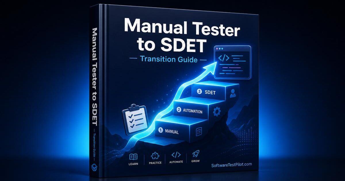 Manual Tester to SDET transition guide cover — staircase from manual QA to automation to SDET with a 6-month learning plan.