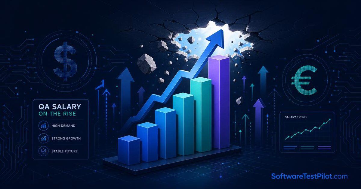 Editorial illustration of ascending QA salary bar chart breaking through a compensation ceiling with dollar and euro motifs