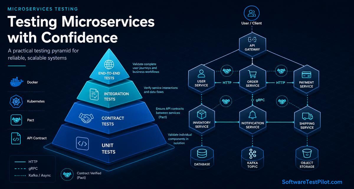 Microservices testing cover — flat isometric infographic with a testing pyramid (unit, contract, integration, end-to-end) next to interconnected hexagonal service nodes, Docker, Kubernetes and Pact glyphs, and the SoftwareTestPilot.com wordmark.