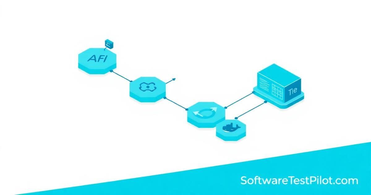 Microservices testing strategy — flat isometric cover with linked service hexagons, Pact handshake and Docker glyphs.
