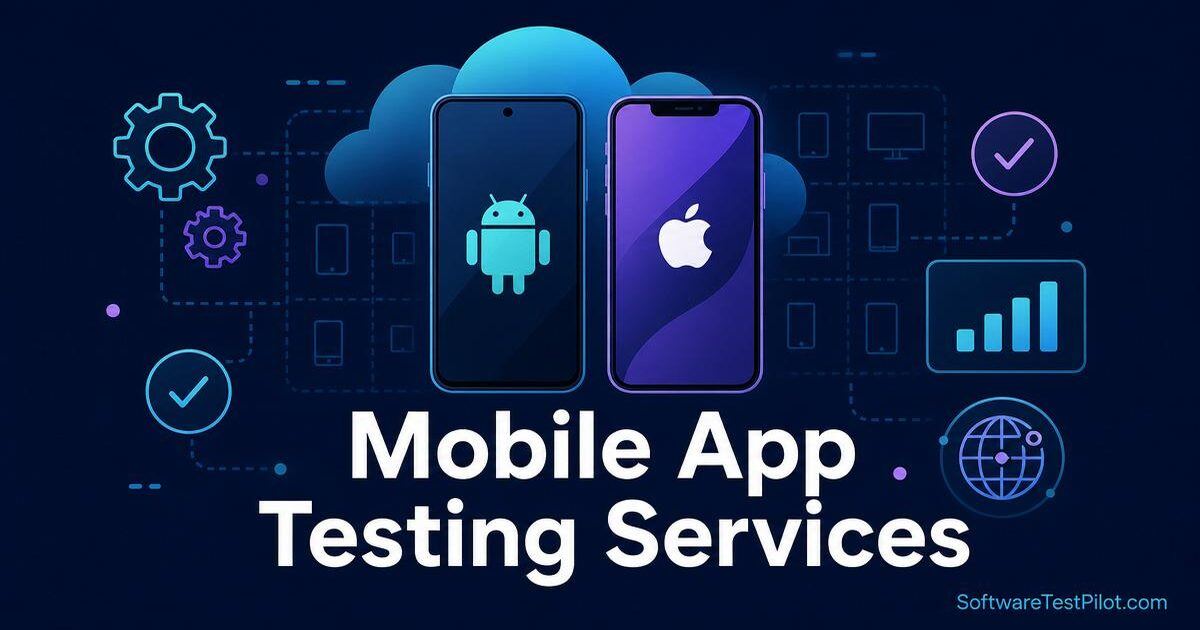 Mobile app testing services cover — Android and iOS phones over a cloud device-grid with gears, checkmarks, and signal icons.
