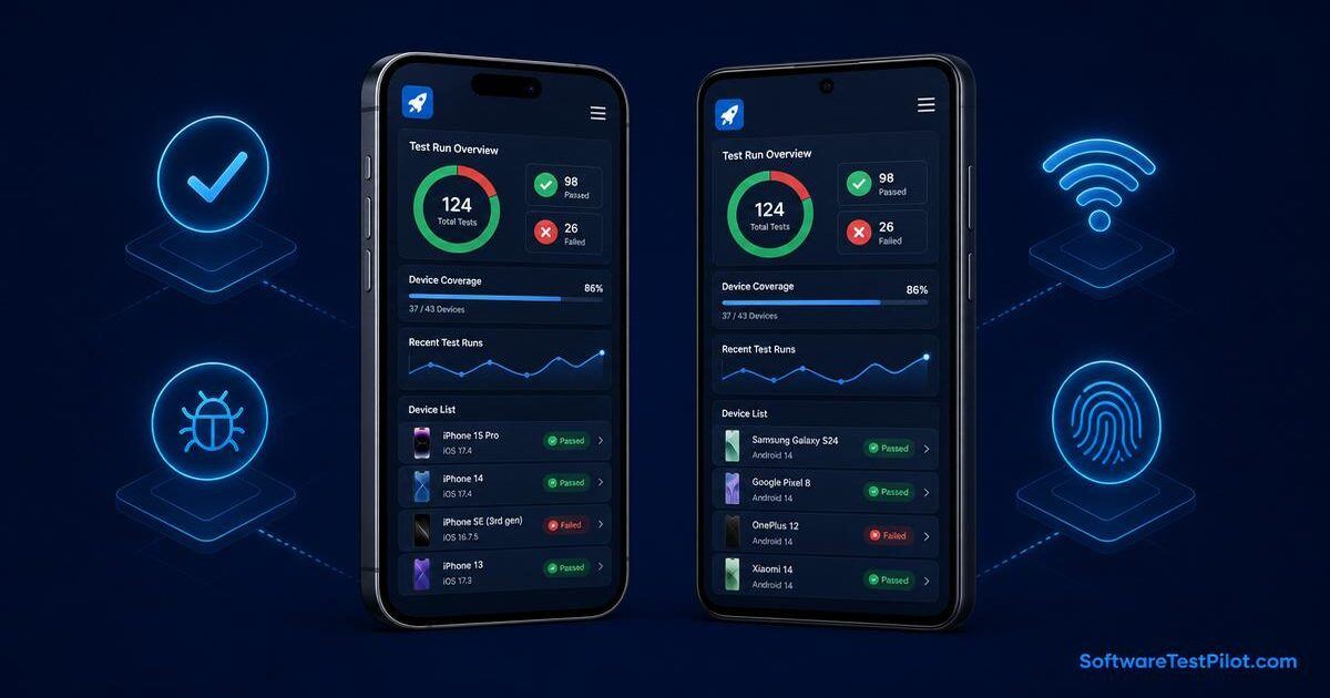 Flat editorial cover showing iOS and Android phones running a mobile QA dashboard with pass/fail badges, device coverage panel, and biometric/network icons on a deep navy background.