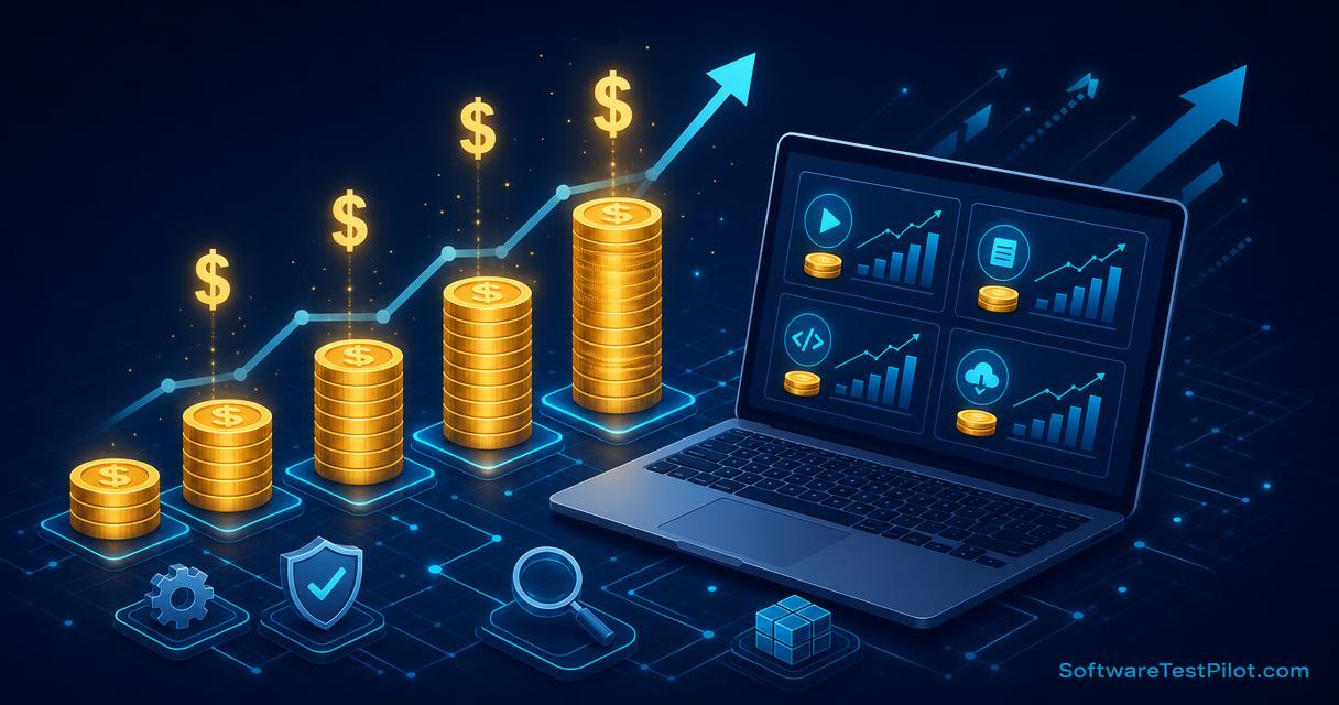 Flat editorial cover showing stacked gold coins, a laptop dashboard with multiple QA revenue streams, and an upward growth chart on a deep navy background.