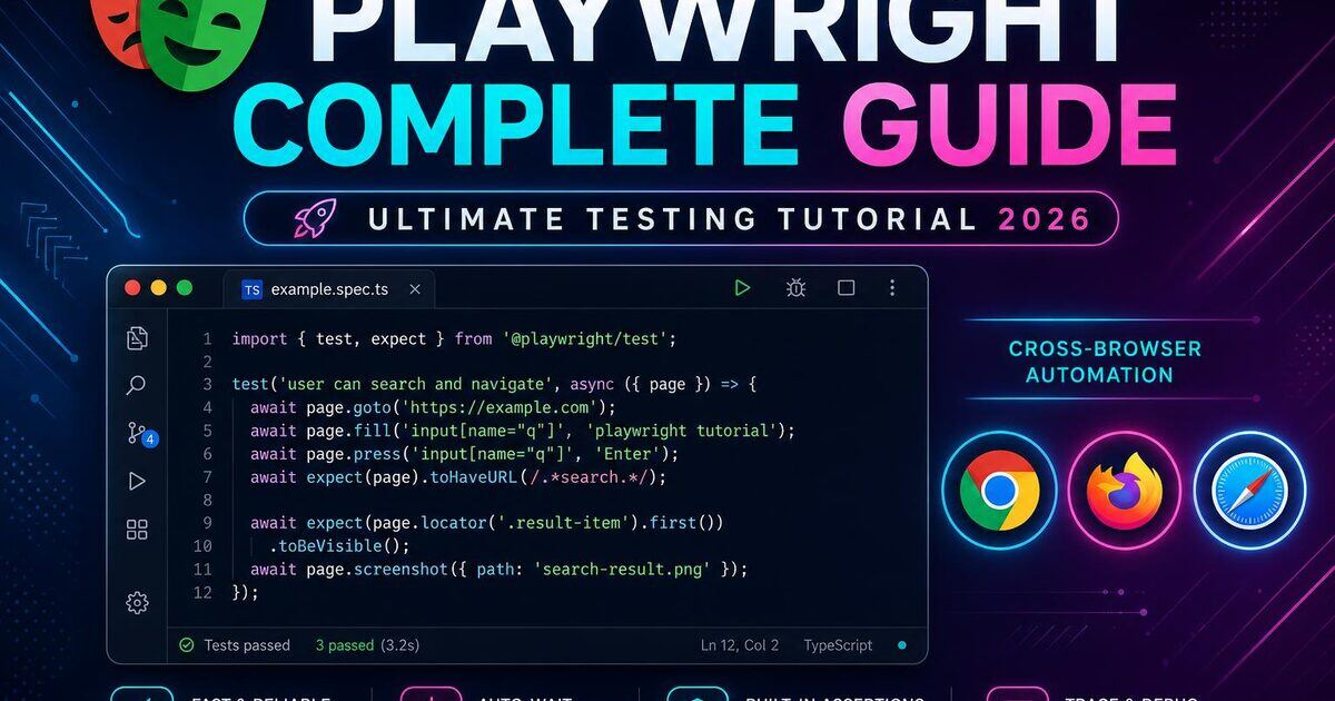 Playwright complete guide for QA engineers 2026 — pillar tutorial covering locators, fixtures, POM, API, visual, auth, parallel and CI/CD.