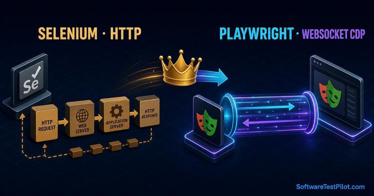 Split illustration comparing Selenium's chunky HTTP request/response chain on the left with Playwright's glowing bi-directional WebSocket CDP pipe on the right, with a crown transferring from Selenium to Playwright.