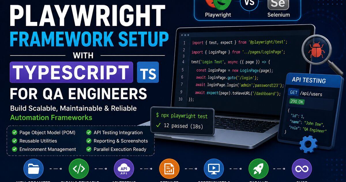 Playwright framework setup with TypeScript cover — scalable POM-based automation framework for QA engineers with API testing, reporting, parallel execution and CI/CD.
