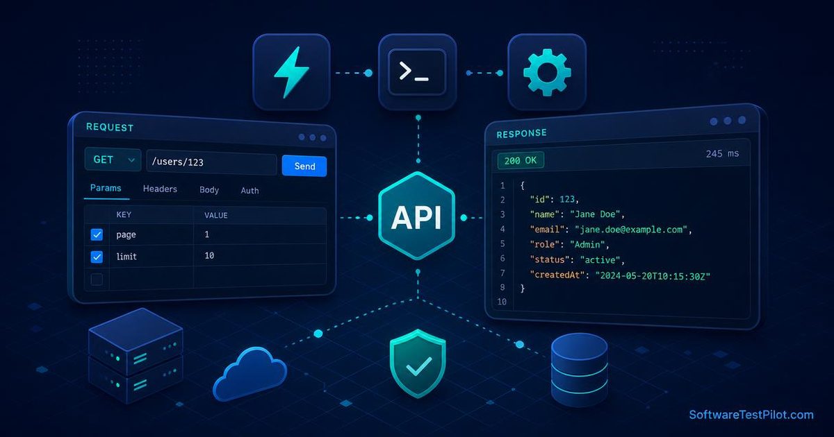 Flat editorial cover showing API request/response panels and tool glyphs on a navy gradient — Postman alternatives for API testing.