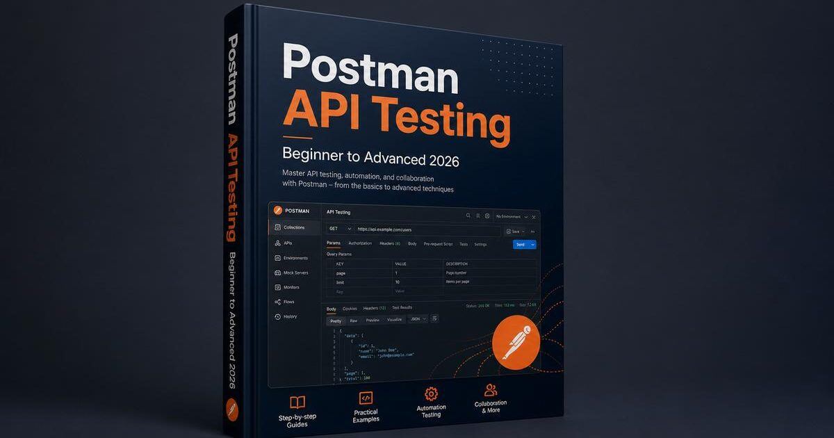 Postman API Testing 2026 — 3D book cover with the Postman logo on a dark navy gradient.