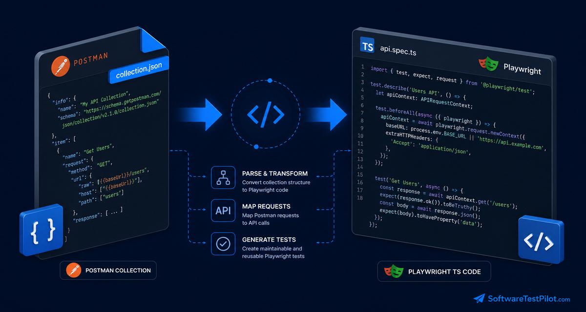 Postman collection JSON transforming into Playwright TypeScript API test code, isometric brand-blue illustration with SoftwareTestPilot.com wordmark.