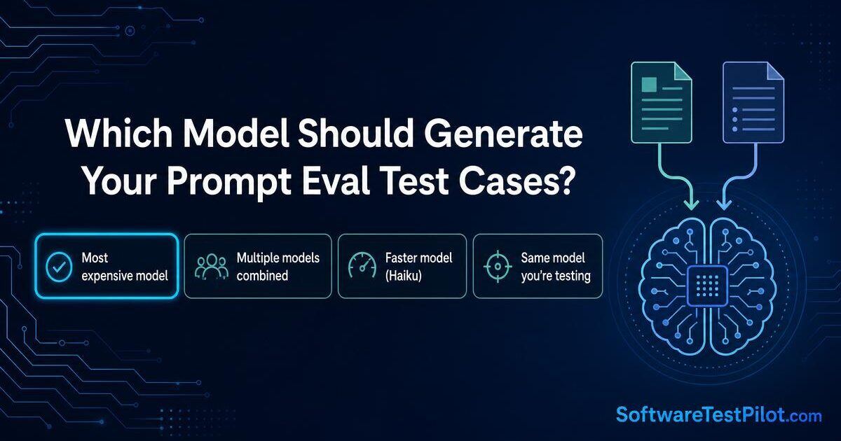 Cover infographic showing the four options for generating prompt evaluation test cases — most expensive model, multiple models combined, faster model like Haiku, or the same model you're testing — with the most expensive option highlighted, and the SoftwareTestPilot.com wordmark.