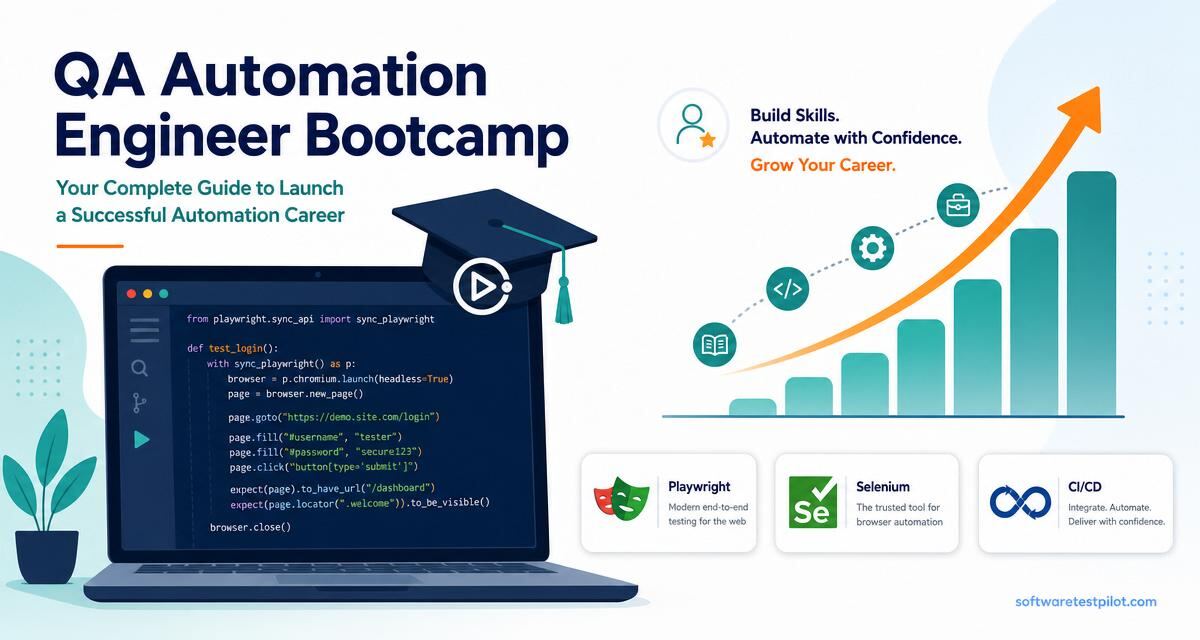 Flat editorial cover — laptop with automation test code, graduation cap, and a rising career-growth chart with Playwright, Selenium and CI/CD badges.