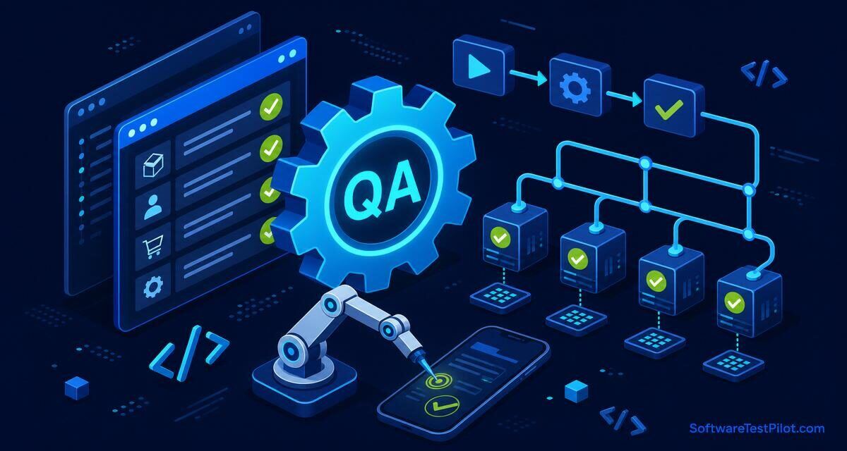 QA automation cover — isometric illustration of a QA gear driving a CI/CD pipeline with parallel browser test shards, a robotic arm testing a mobile phone, and the SoftwareTestPilot.com wordmark.