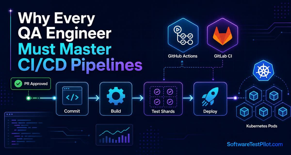 Editorial cover showing a CI/CD pipeline flow from commit to deploy with test shards, GitHub Actions and GitLab CI badges, a Kubernetes pod cluster, and the SoftwareTestPilot.com wordmark in the corner.