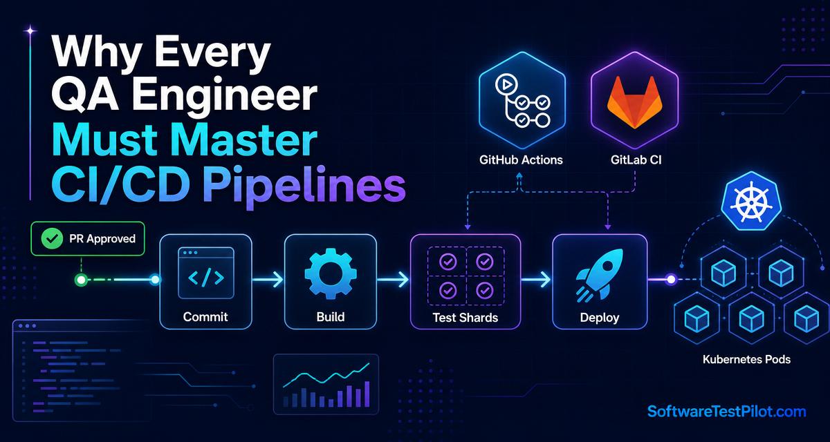 Editorial cover showing a CI/CD pipeline flow from commit to deploy with test shards, GitHub Actions and GitLab CI badges, a Kubernetes pod cluster, and the SoftwareTestPilot.com wordmark in the corner.