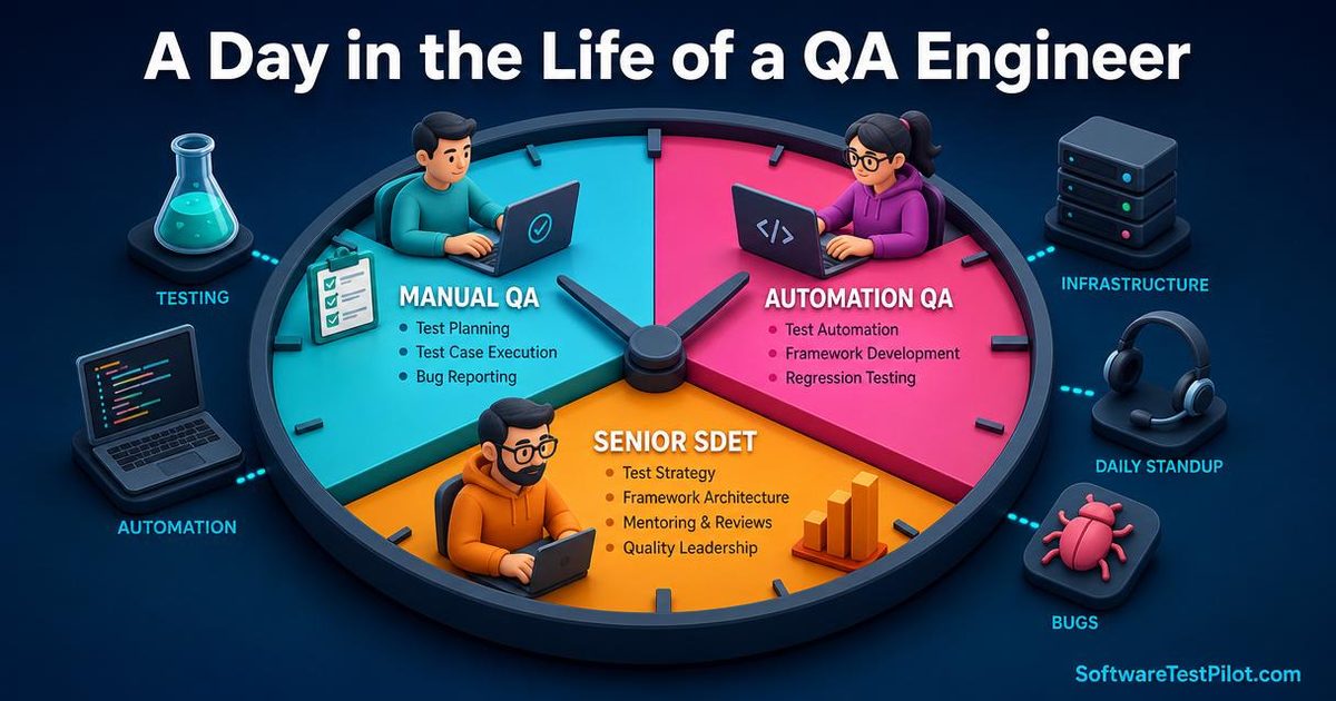 A Day in the Life of a QA Engineer — hour-by-hour breakdown for Manual QA, Automation QA, and Senior SDET roles with tools and responsibilities.