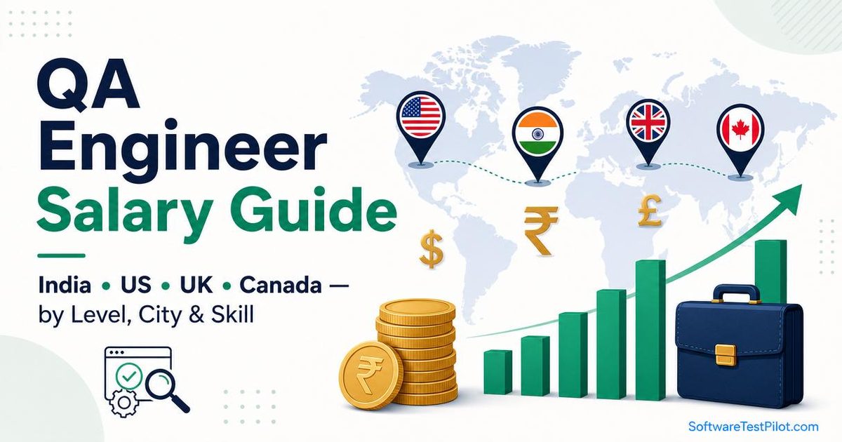 QA engineer salary guide cover — India, US, UK, Canada salary ranges by level, city, and specialization for QA, SDET, and SET roles.