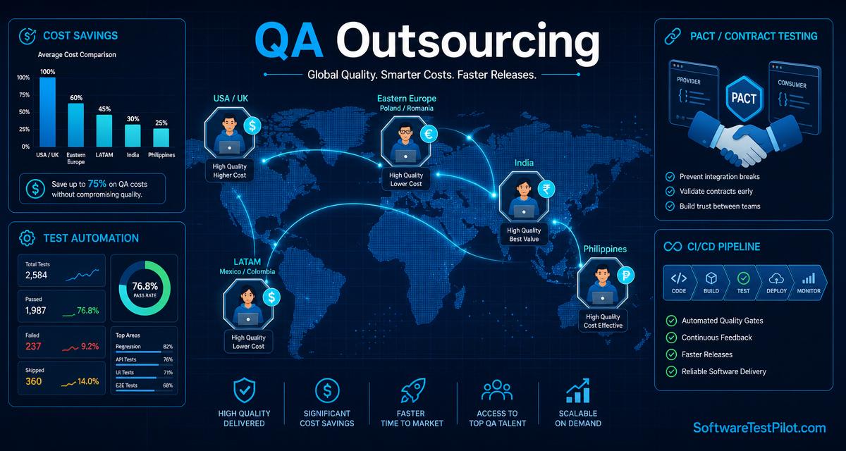 QA outsourcing cover — isometric world map connecting India, Philippines, Eastern Europe, LATAM and USA QA teams with cost-savings chart, test automation dashboard, Pact contract handshake and CI/CD pipeline, and the SoftwareTestPilot.com wordmark.