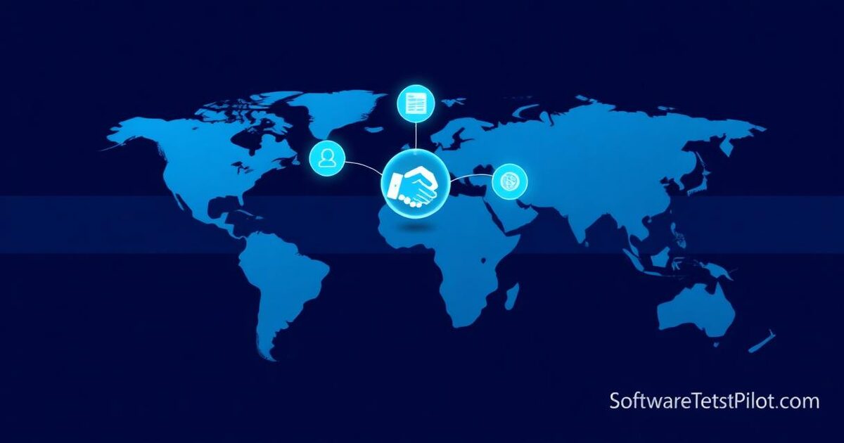 QA Outsourcing Services buyer's guide cover — world map with onshore, nearshore, and offshore connection nodes linked to a central handshake icon, with contract, cost, and compliance icons.