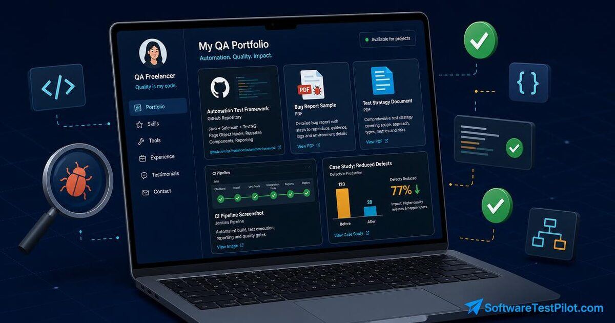 Flat editorial cover showing a QA freelancer portfolio dashboard with thumbnail cards for a GitHub framework, bug report, test strategy doc, CI pipeline, and case study chart.