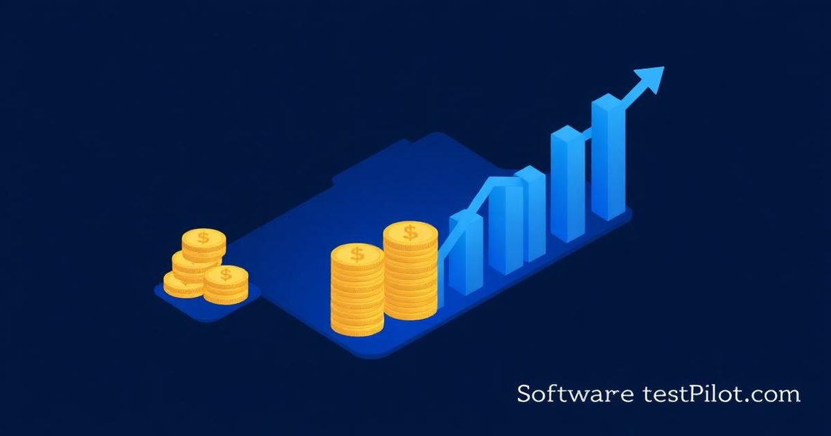QA engineer salary in the US 2026 — flat editorial cover with stylized salary chart, dollar coin stacks, and ascending bars on dark navy background.