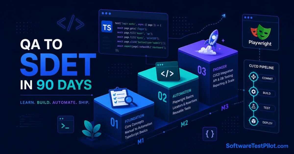 Isometric 3-step staircase illustrating a 90-day QA to SDET roadmap with TypeScript, Playwright, and CI/CD pipeline motifs