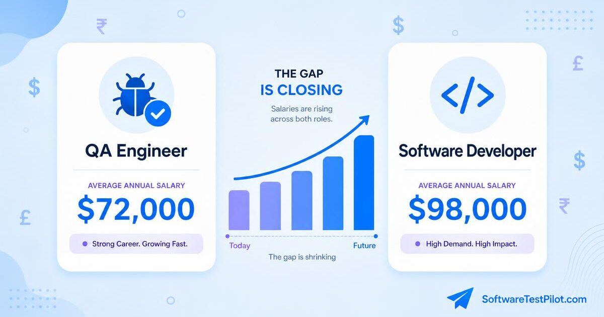 QA engineer vs software developer salary 2026 — flat editorial comparison of two salary cards with an upward gap-closing trend chart.