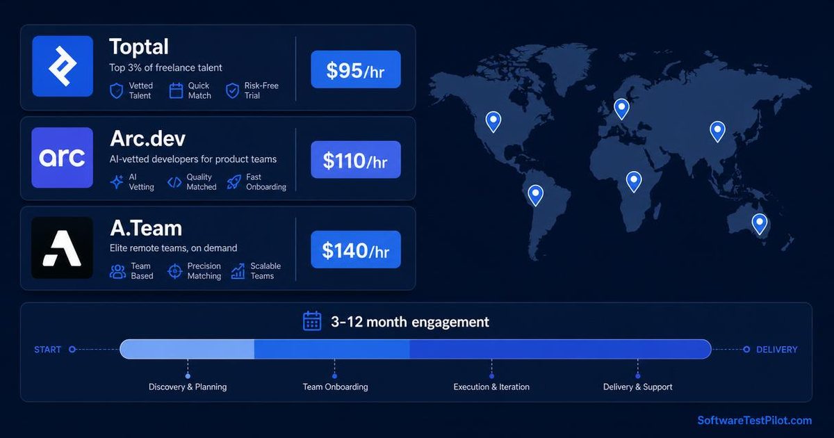 Flat editorial cover comparing remote QA contract platforms (Toptal, Arc.dev, A.Team) with hourly rate badges, a 3-12 month engagement timeline, and a world map of placement pins on a deep navy background.