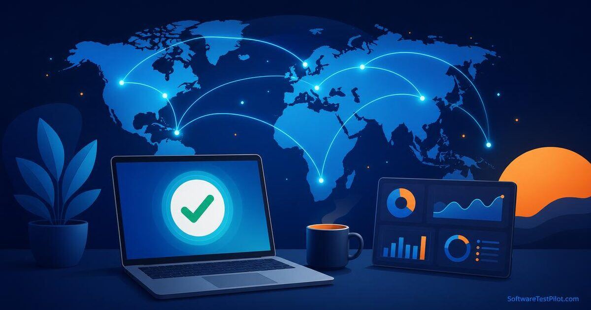 Remote QA jobs guide cover — laptop with passing tests, world map with connection lines, and a global QA hiring dashboard.