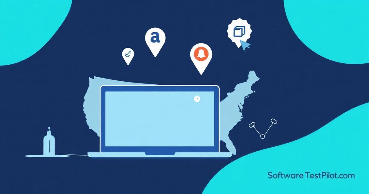 Remote software testing jobs in the USA — flat editorial illustration of a laptop over a faint US map with location pins and QA badges.