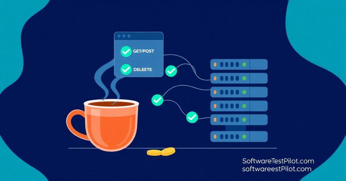 REST Assured Java API testing — flat editorial illustration of a Java coffee cup beside a code window with GET, POST, PUT, DELETE method pills connected to a server stack.