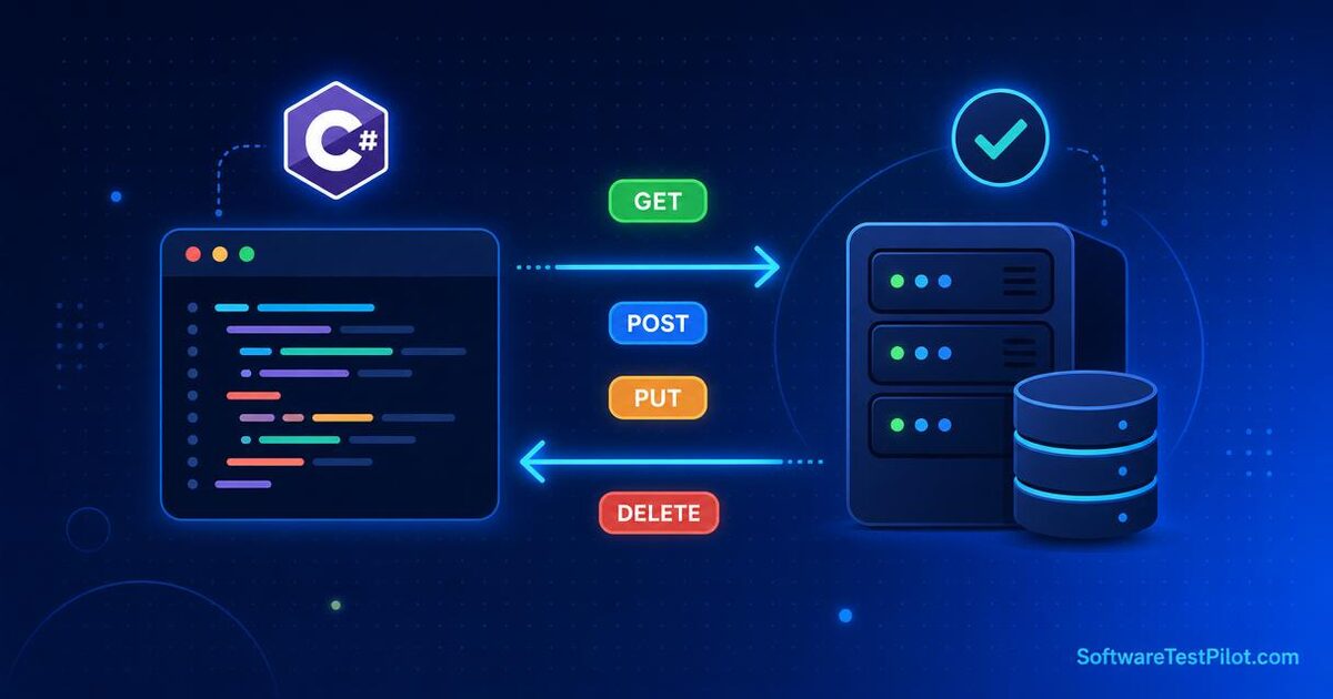 RestSharp API testing in C# — flat editorial illustration of a code window calling a server with GET, POST, PUT, DELETE method pills.