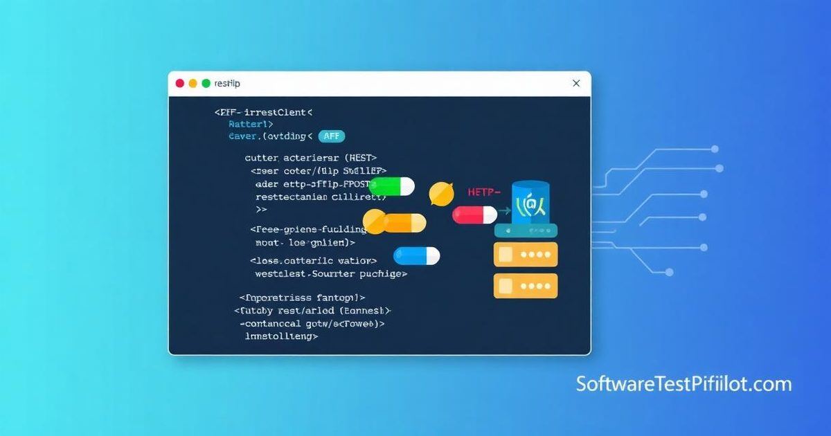 RestSharp C# API automation — flat editorial illustration of a code window sending HTTP requests through a CI/CD pipeline into a server stack.