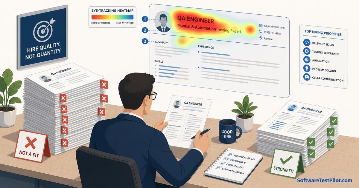 Editorial isometric illustration of a hiring manager reviewing a large stack of rejected QA resumes with red X flags and a smaller elite pile with green checks, eye-tracking heatmap overlay, SoftwareTestPilot.com wordmark in the corner.
