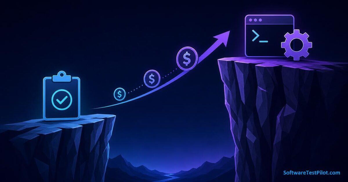 Editorial illustration of a widening chasm between two cliffs — a QA clipboard on the lower cliff and an SDET code terminal on the higher cliff, with rising dollar coins bridging the gap. SoftwareTestPilot.com wordmark in the corner.
