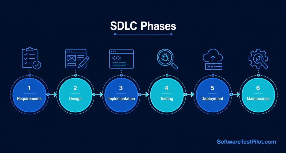 Editorial cover showing a horizontal SDLC timeline of six connected nodes labeled Requirements, Design, Implementation, Testing, Deployment, and Maintenance, with the SoftwareTestPilot.com wordmark.