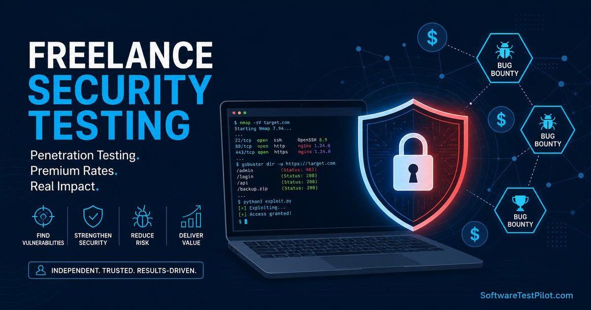 Freelance security testing editorial cover — laptop with terminal, glowing shield padlock, bug-bounty hexagons, and premium-rate dollar accents on a dark navy background.